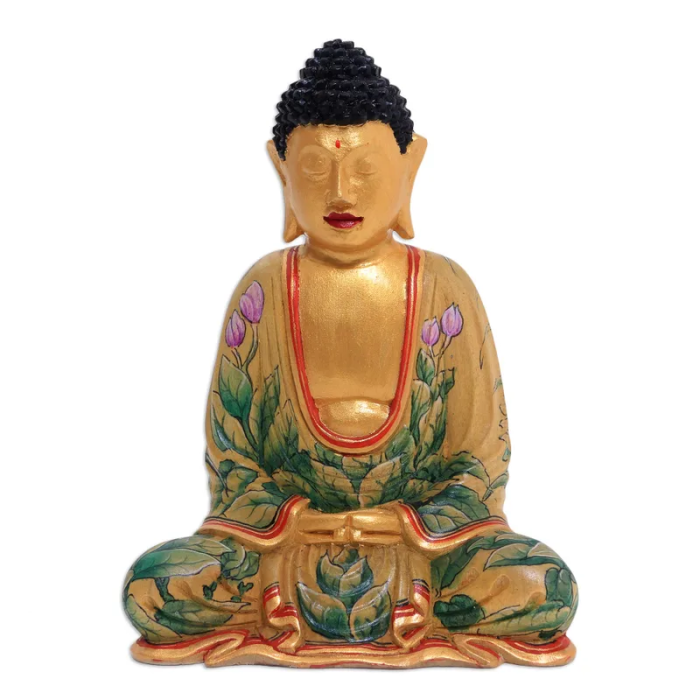 Hand Painted Buddha Wood Sculpture