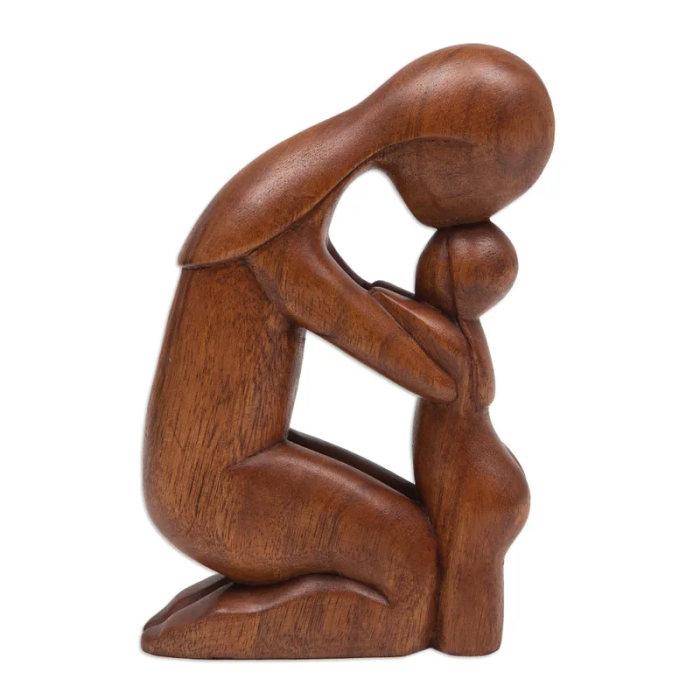Mother and child wood statue